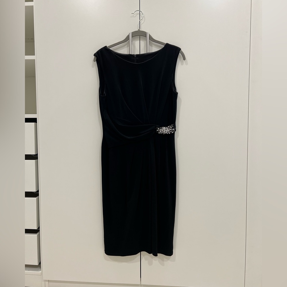 Ellen Tracy Black Midi Dress with Pearl Accent